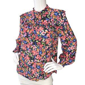 Shoshanna Blouse Womens XS Floral Ruffle Collar Long Sleeve Button Front Black
